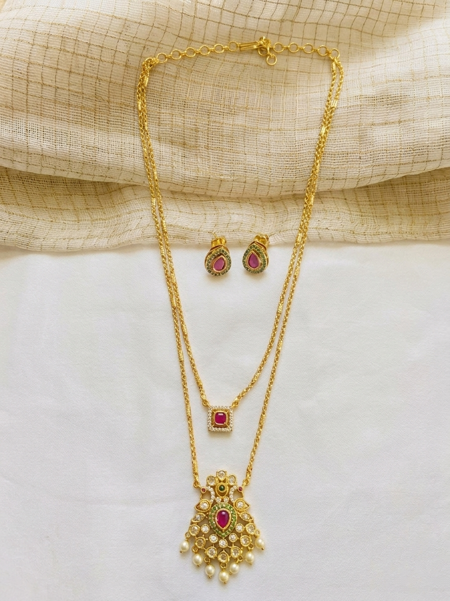 2 Layer AD Stone Pendant Long Necklace Set