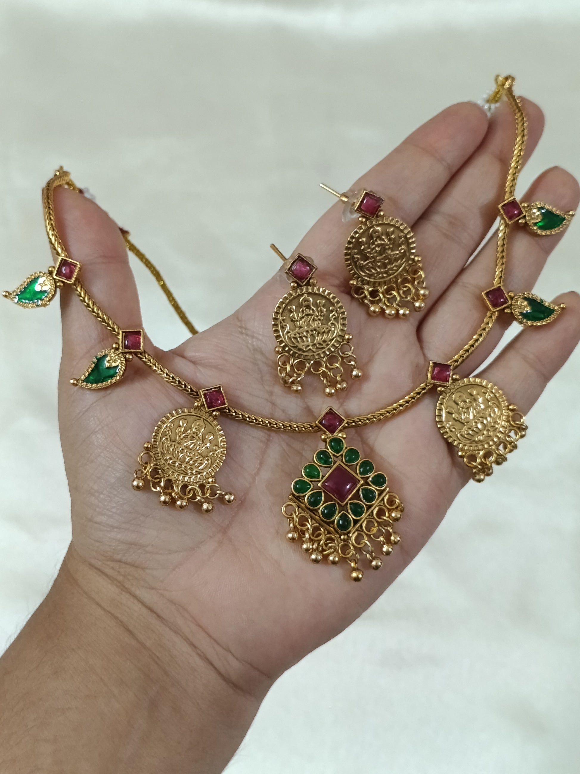 Fusion Lakshmi Coin Kemp stone Necklace Set