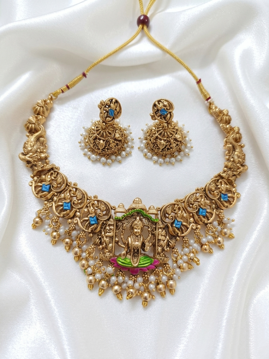 Enamel Nagas Lakshmi Necklace Set V16