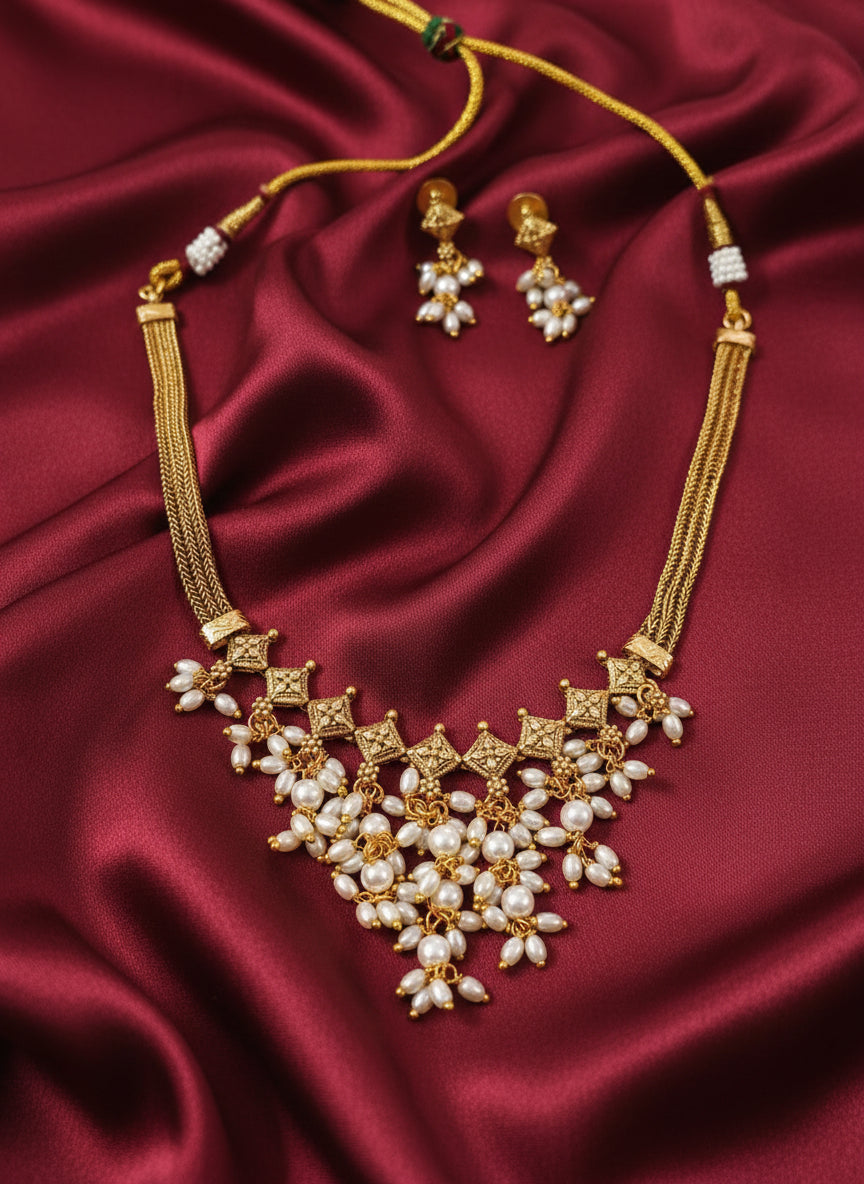 Matte Finish Rice Pearl Drop Necklace Set