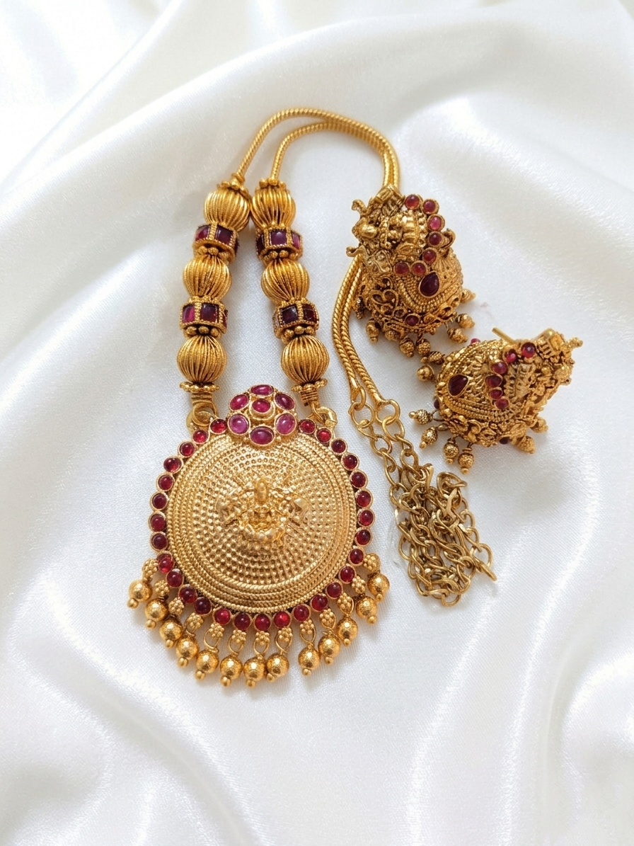Lakshmi Pendant Mid Long Necklace Set V22
