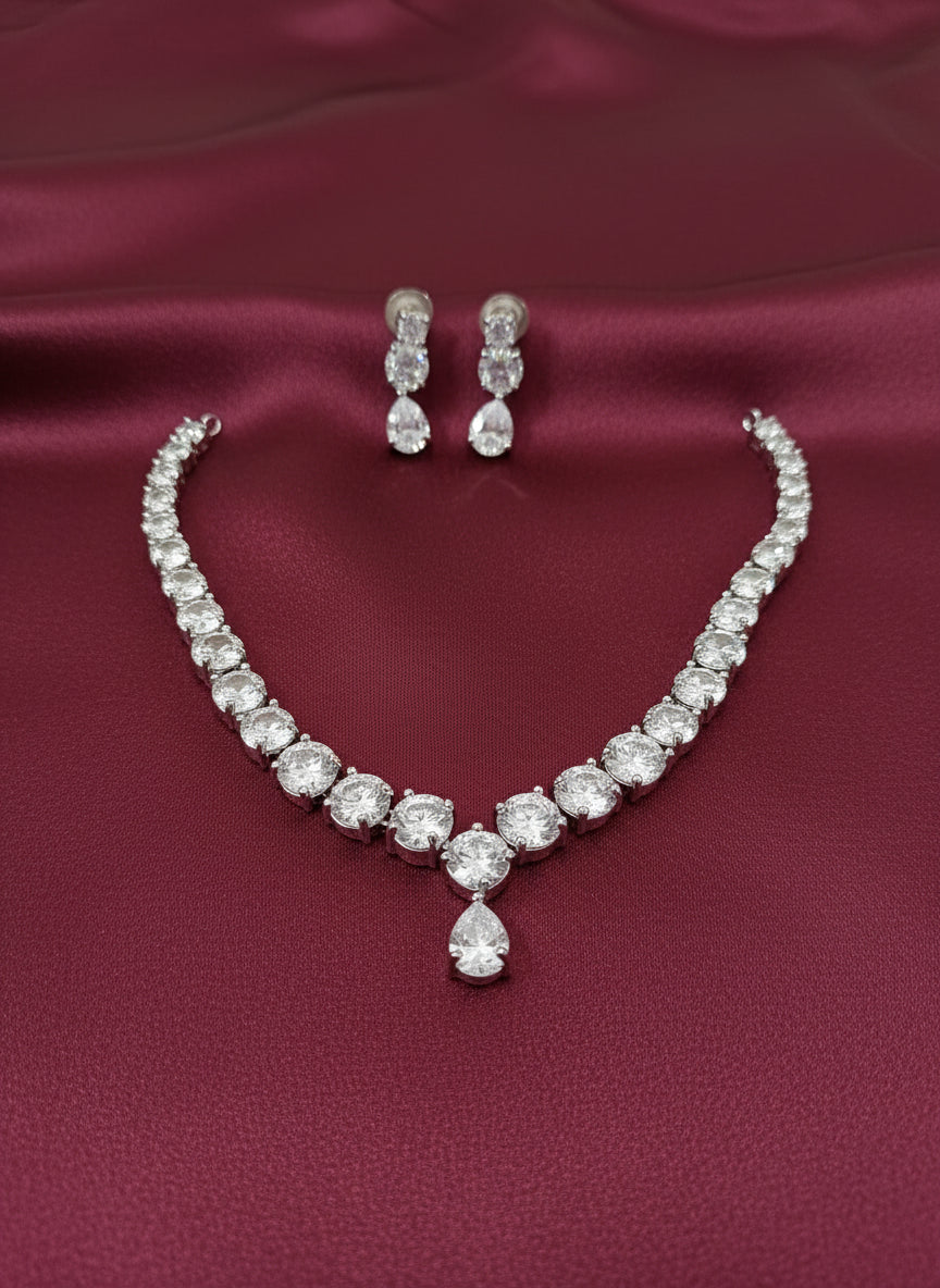 Rhodium Polish AD Stone Necklace Set V2