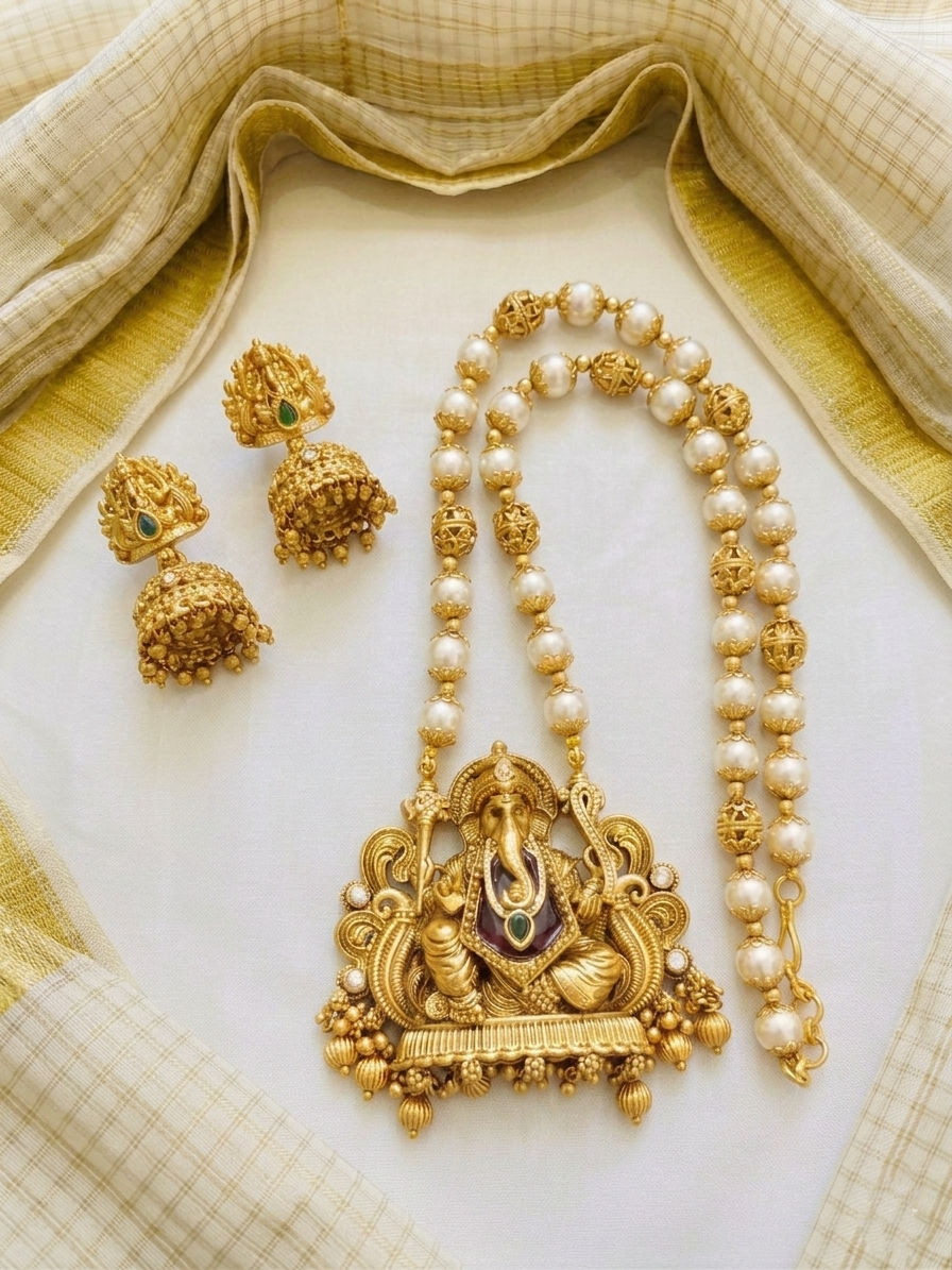 Ganesh Pendant Pearl Mid Long Necklace Set