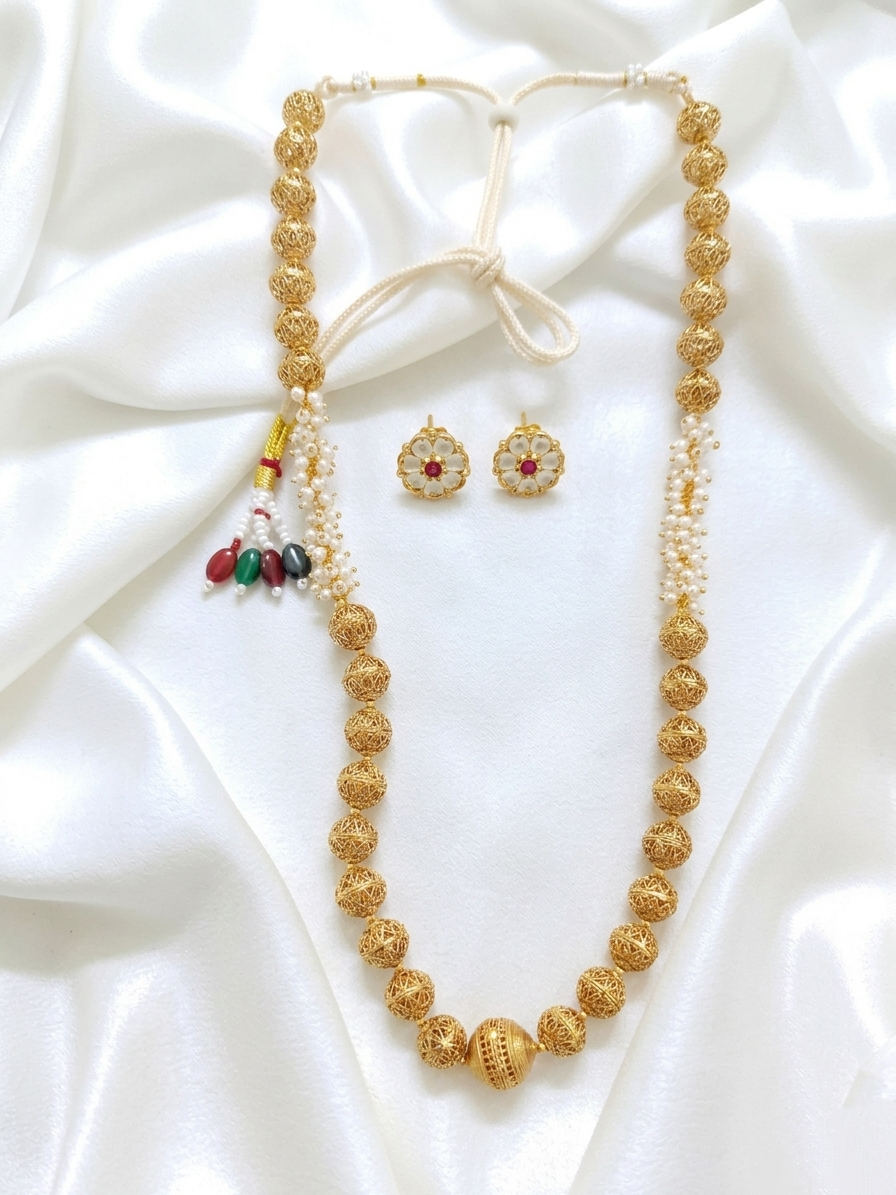 Matte Finish Non Idol Beaded Long Necklace Set