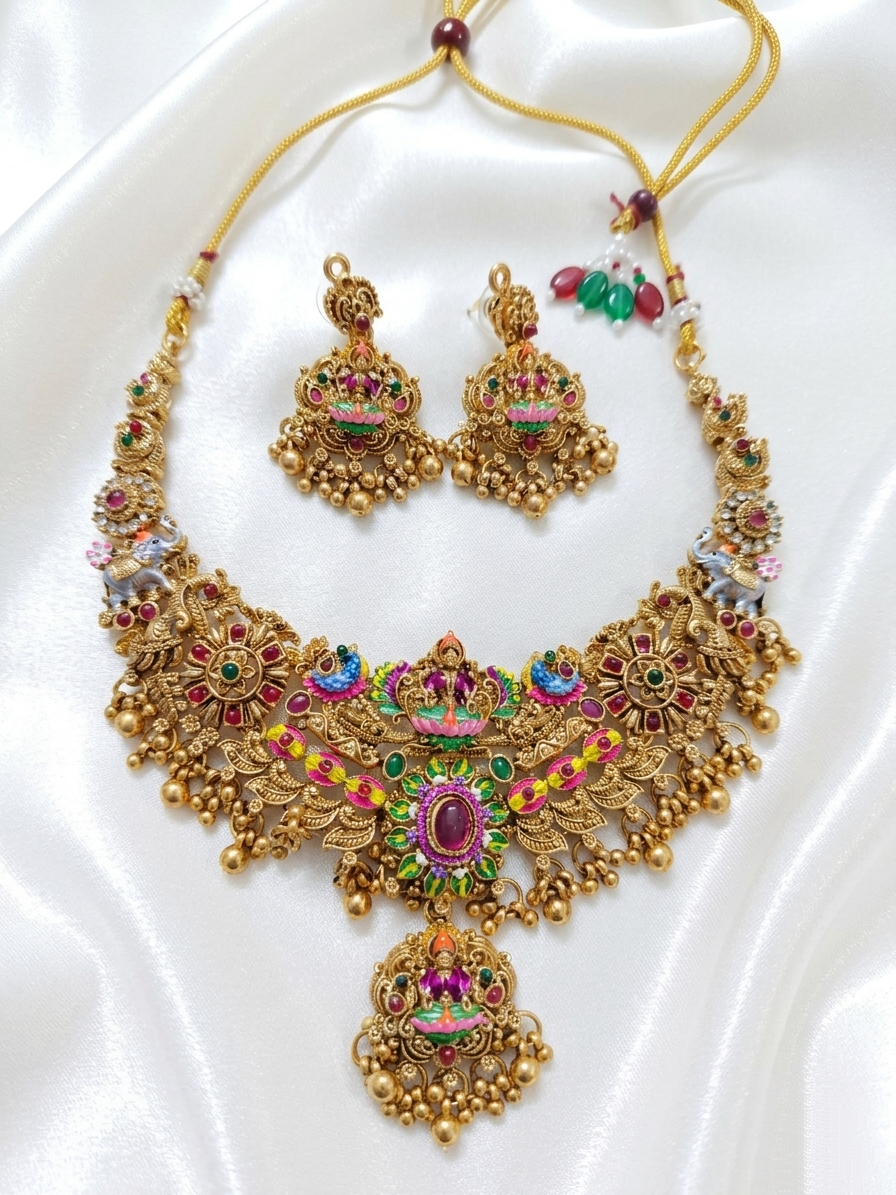 Enamel Nagas Lakshmi Necklace Set V14