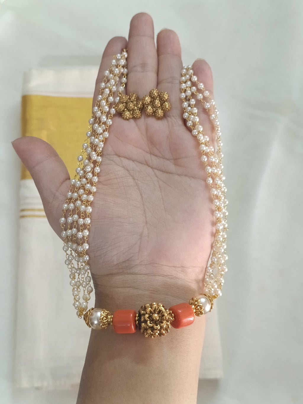 Pearl Coral Mid Long Necklace Set V224