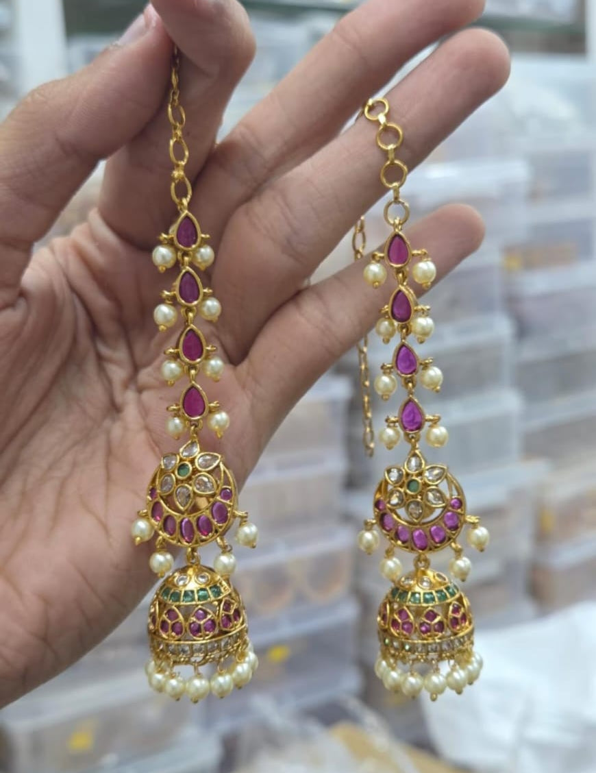 Traditional Kemp Stone Jhumka Attached Mattal Earring V2
