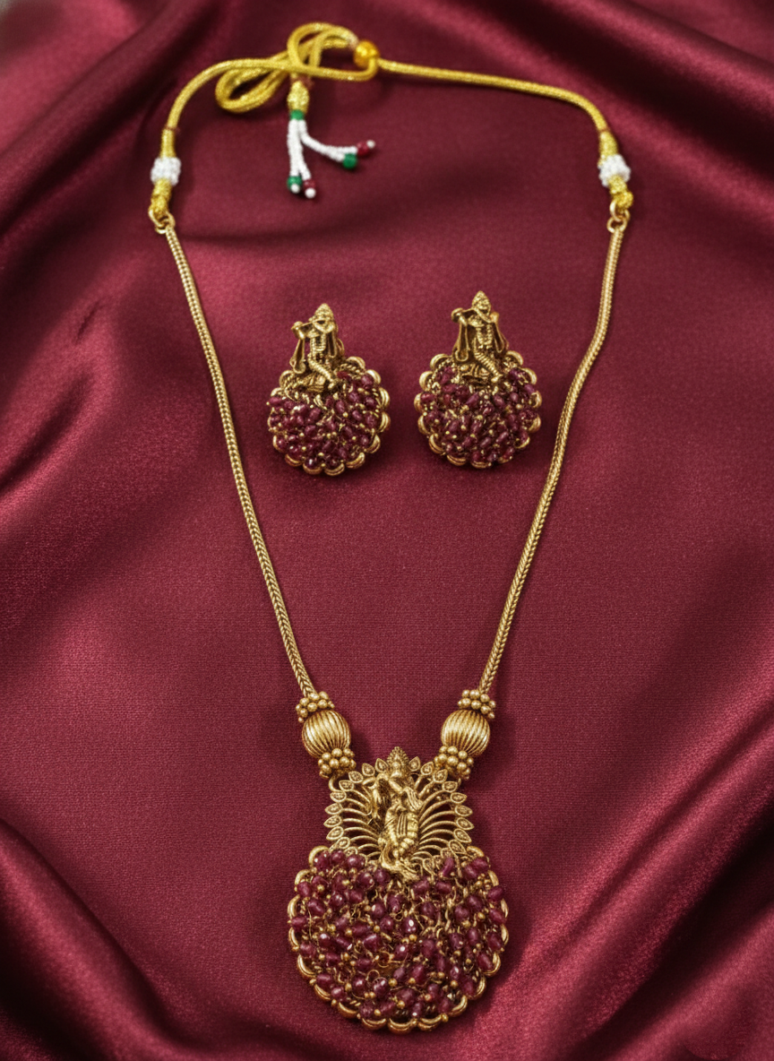 Krishna Beaded Pendant Mid Long Necklace Set
