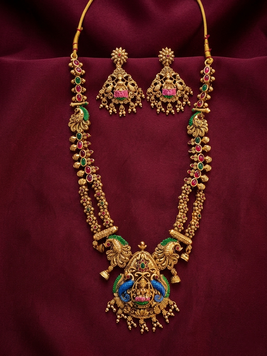 Enamel Polish Lakshmi Long Necklace Set V5