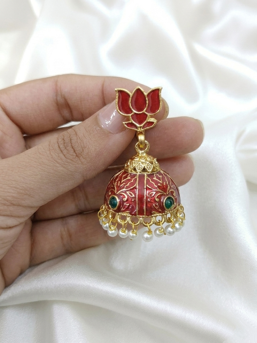 Enamel Lotus Hook Jhumka Earring