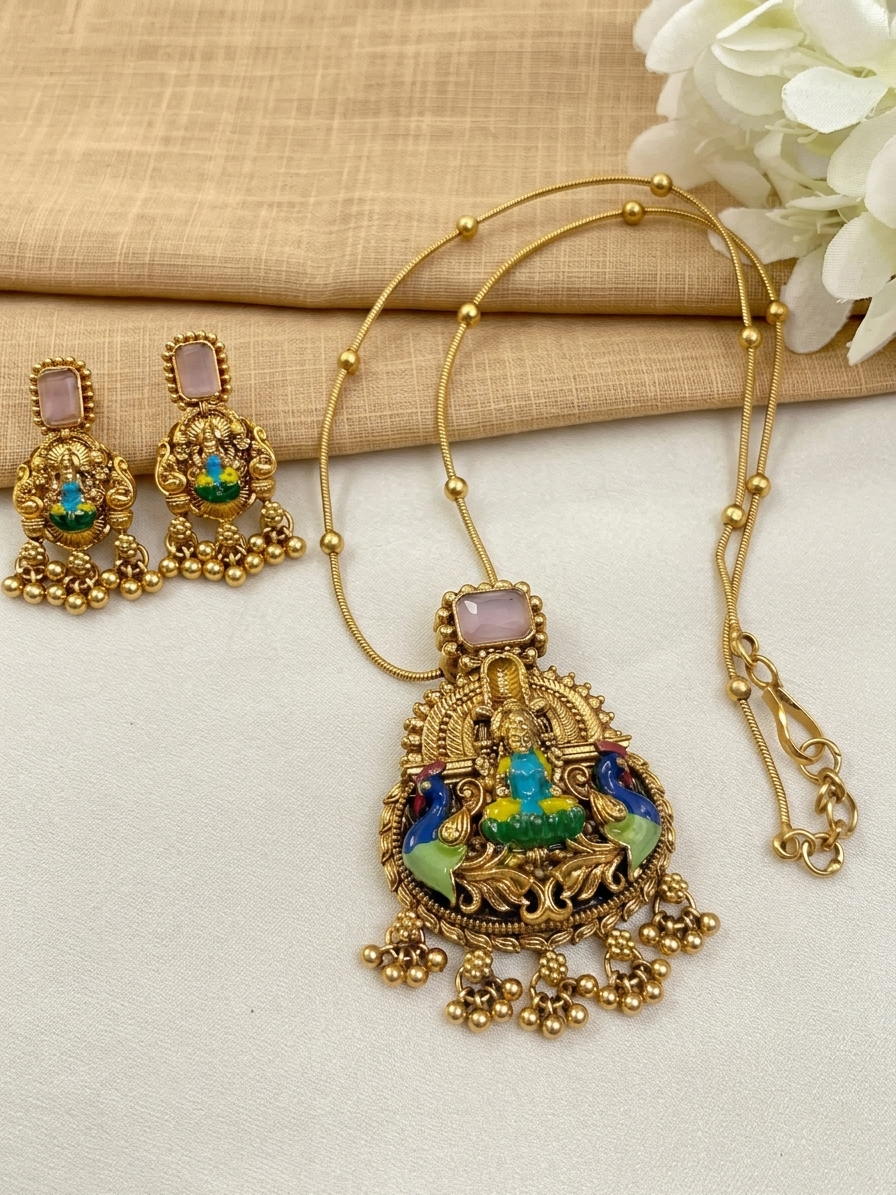 Enamel Lakshmi Pendant AD Stone Mid Long Necklace Set V2