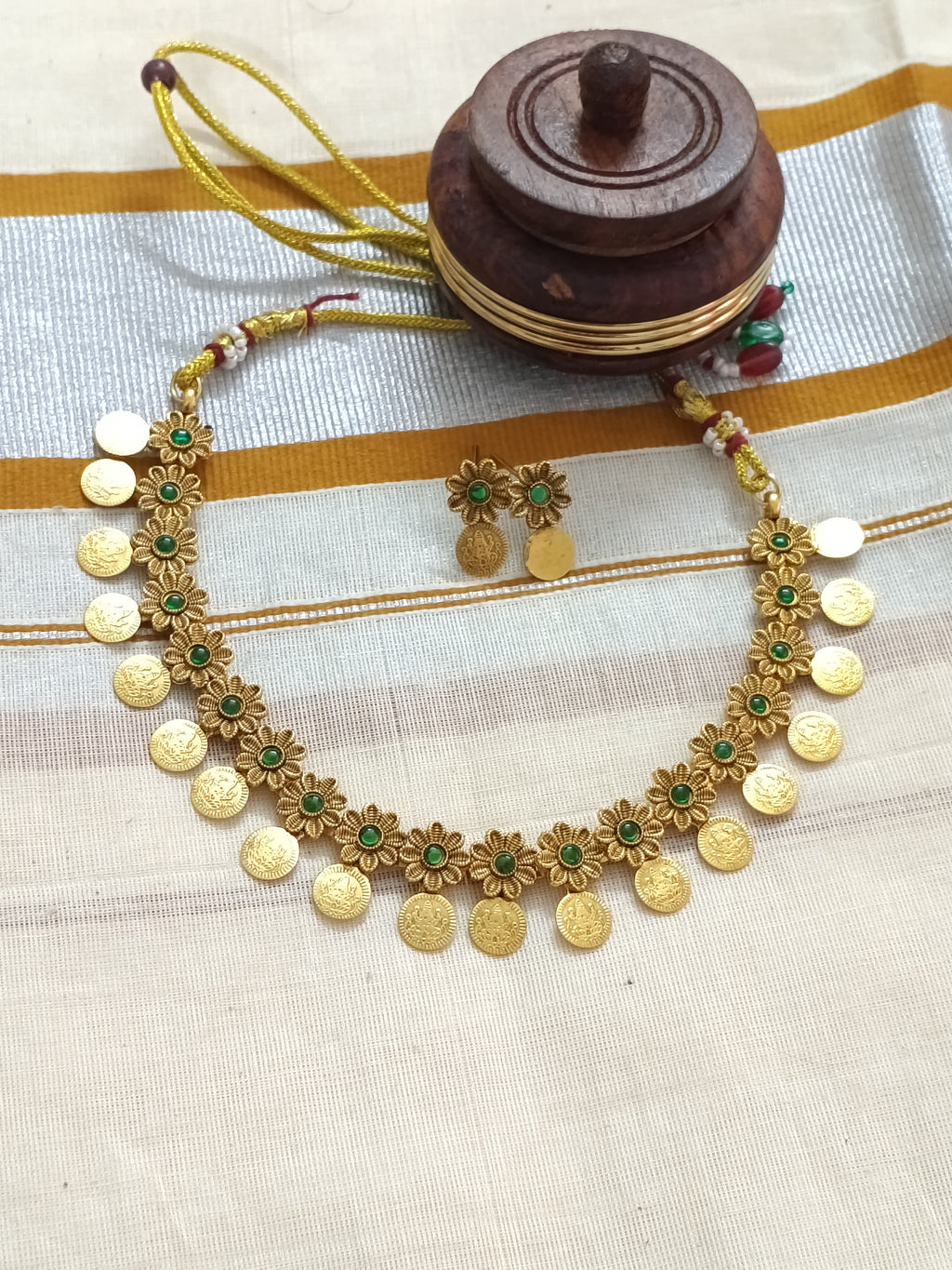 Matte Finish Flower Coin Lakshmi Necklace Set