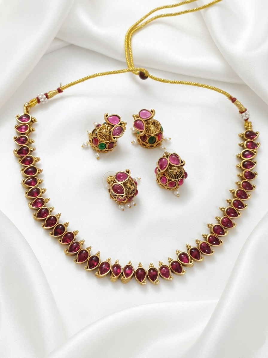Matte Finish Reversible Kempstone Mango Necklace Set V1