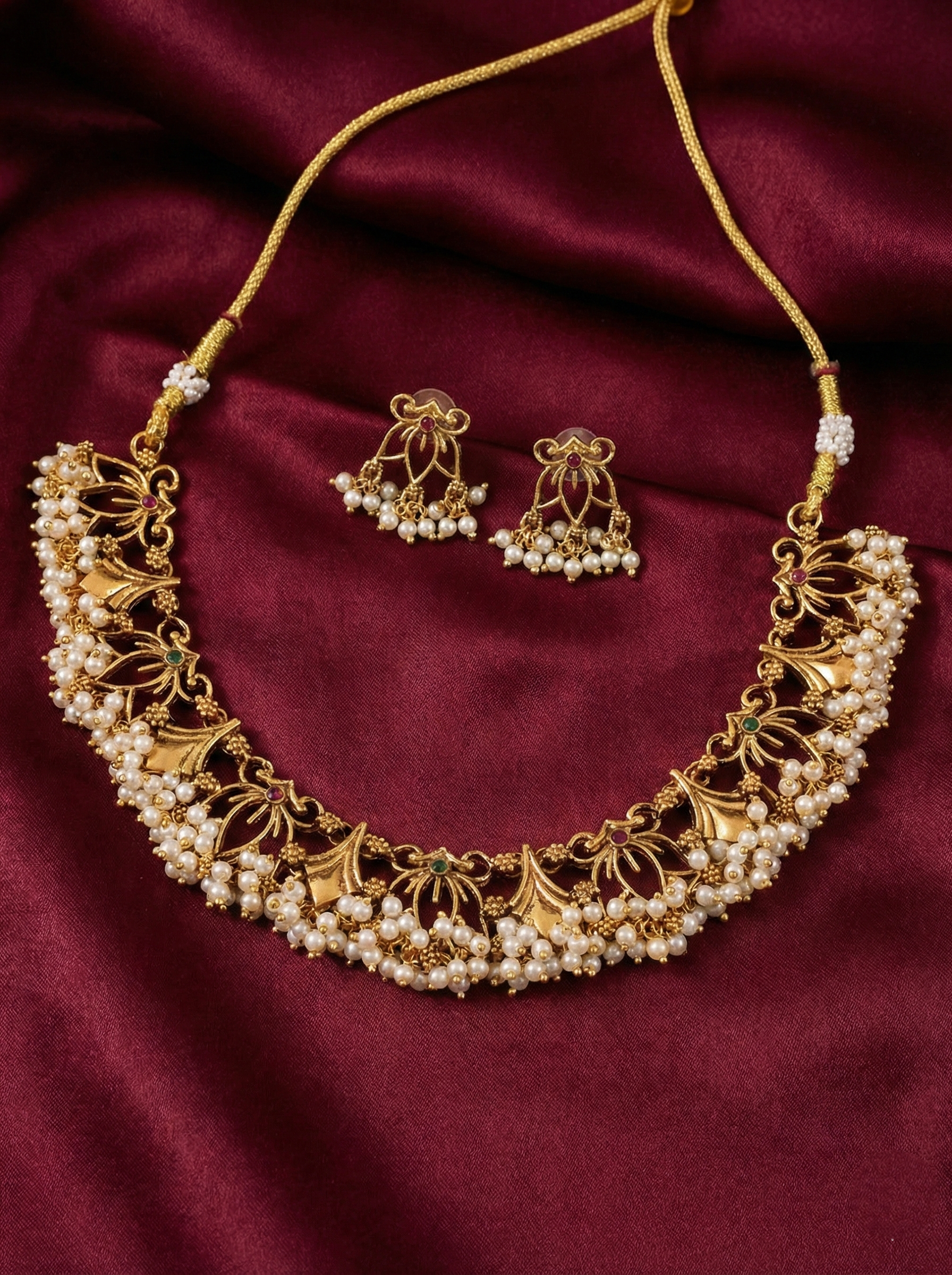 Matte Gold Floral Pearl Cluster Necklace
