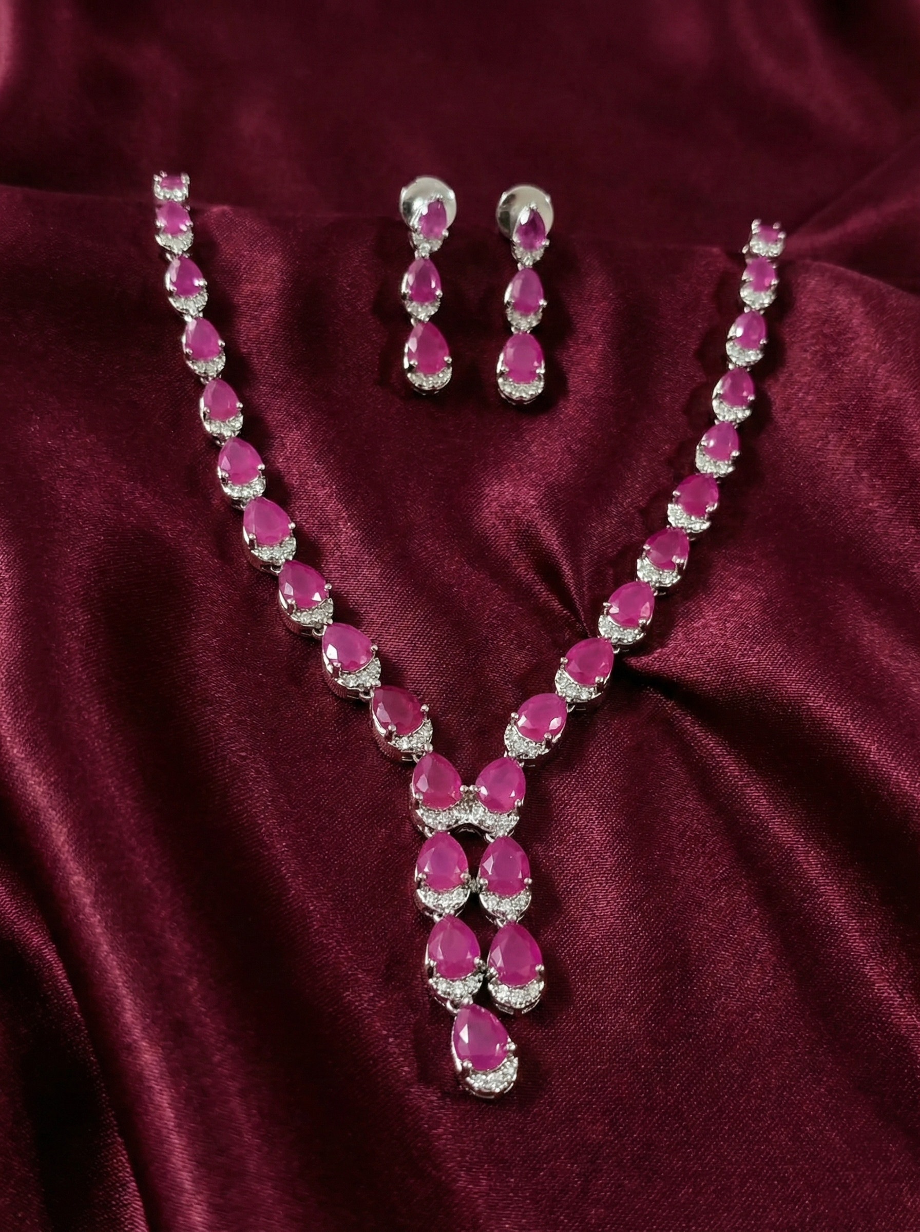 Rhodium Polish Rosy Elegance AD Stone Necklace Set
