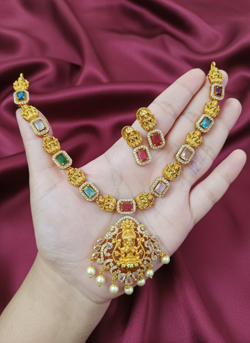 Lakshmi Pendant Navaratna Necklace Set