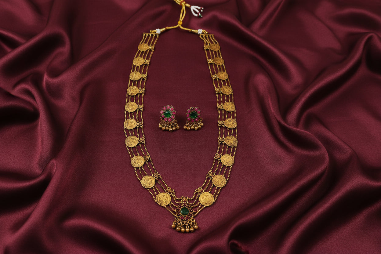 Lakshmi Coin Palakka Long Necklace Set