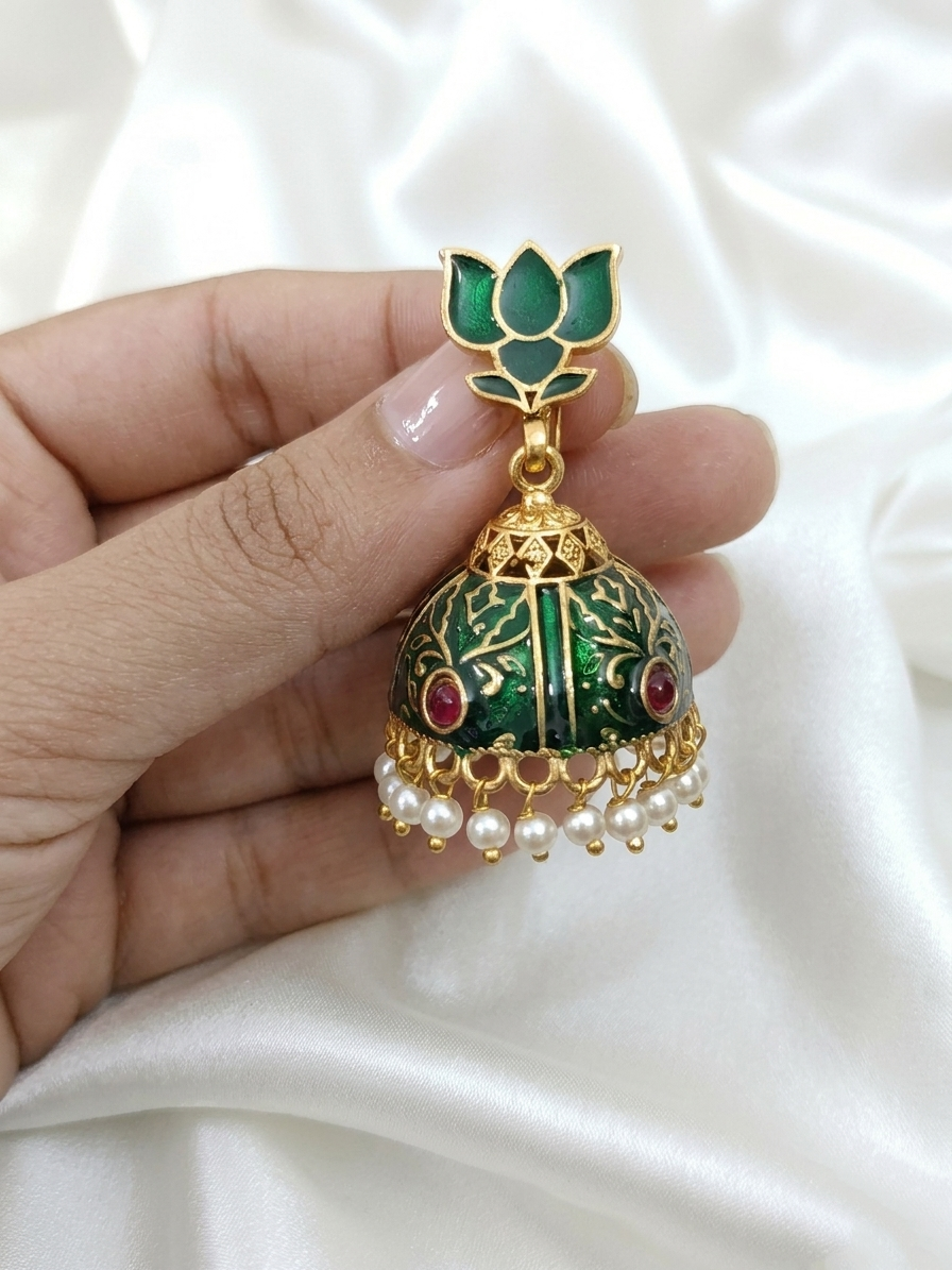 Enamel Lotus Hook Jhumka Earring