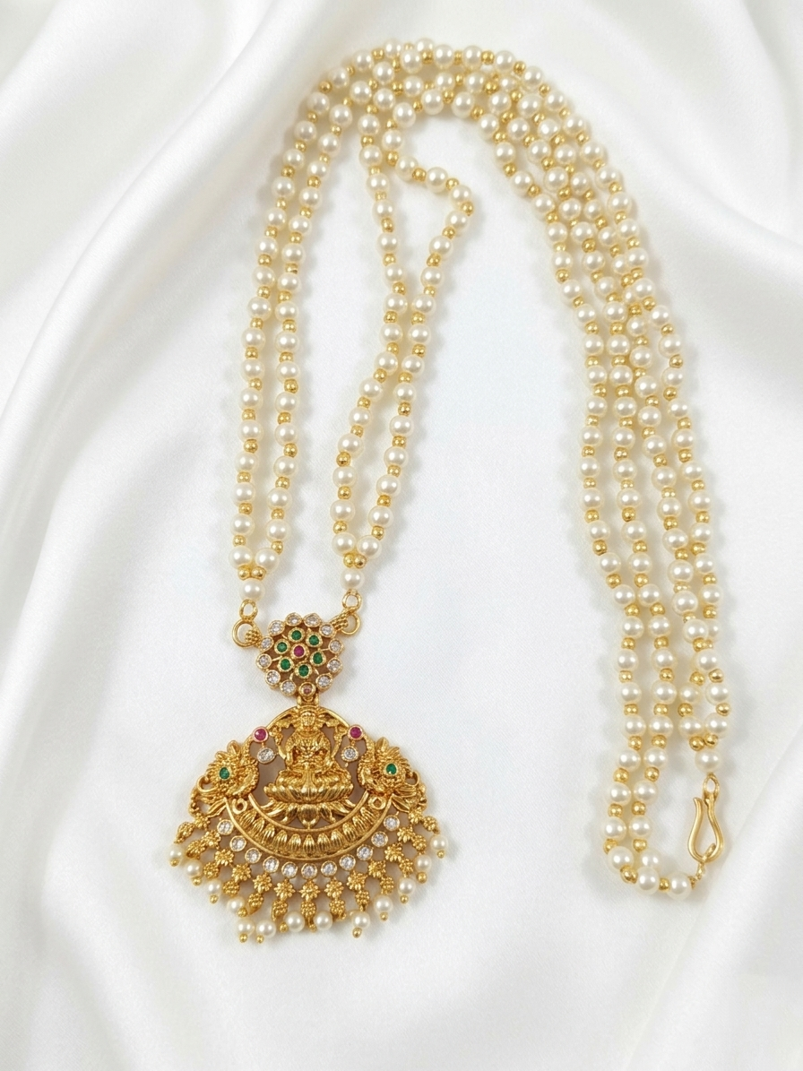 Lakshmi Pendant Pearl Mid Long Necklace Set V4