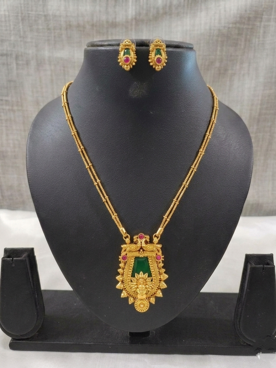 Matte Finish Palakka Pendant Mid Long Necklace Set V9
