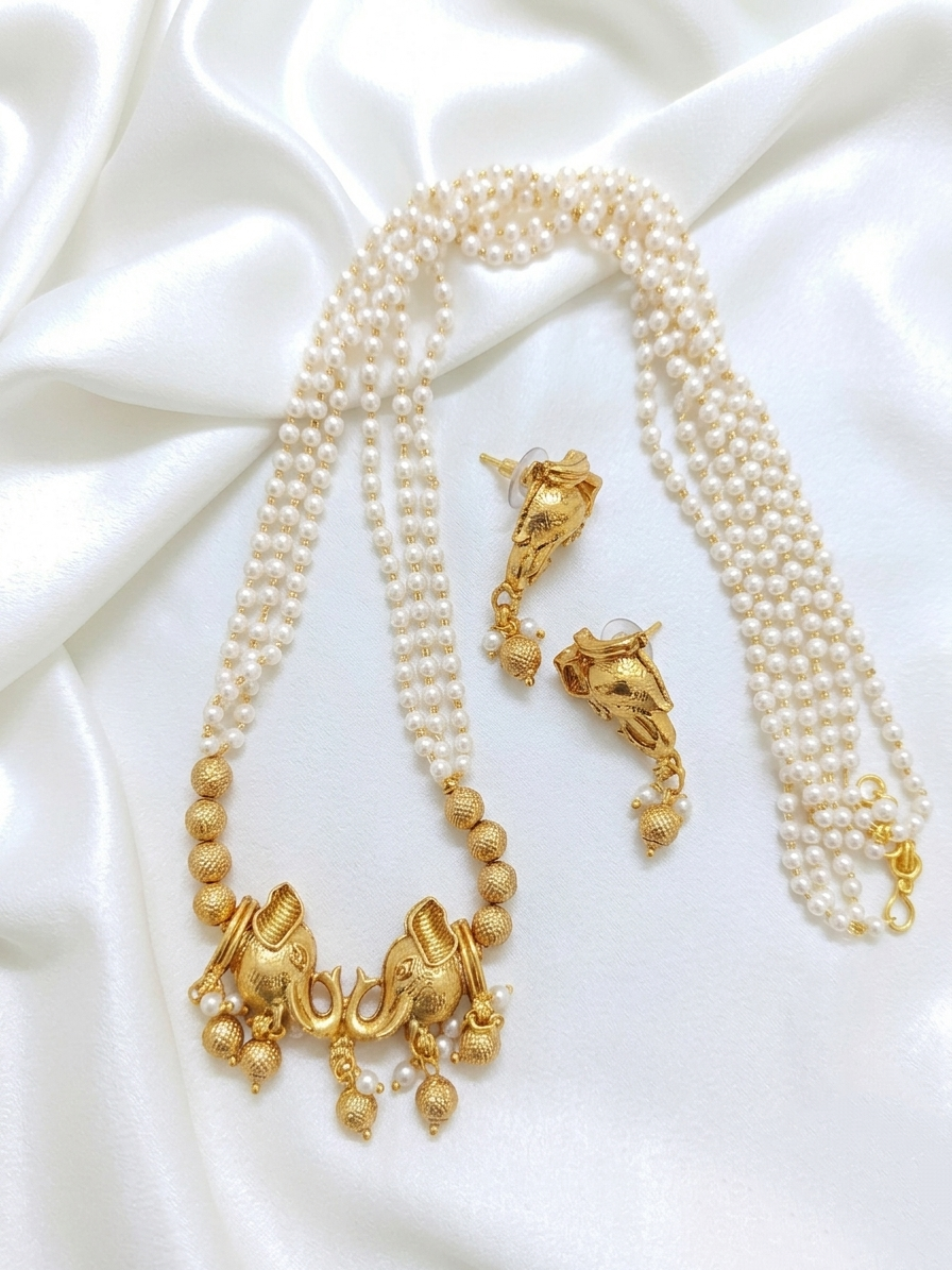 Gaja Pendant Pearl Mid Long Necklace Set
