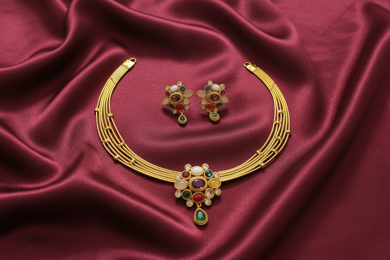 Detachable Navaratna Pendant Hasli Necklace Set