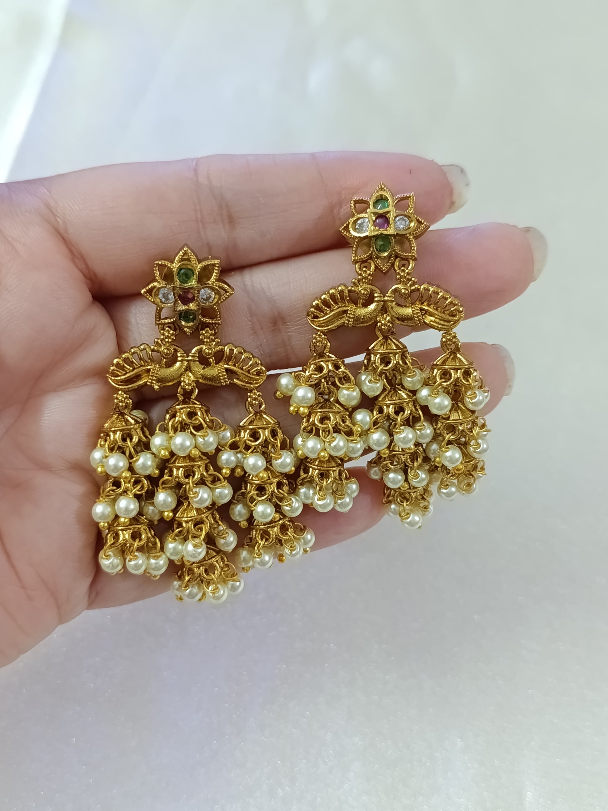 Flower Multi Layer Pearl Jhumka