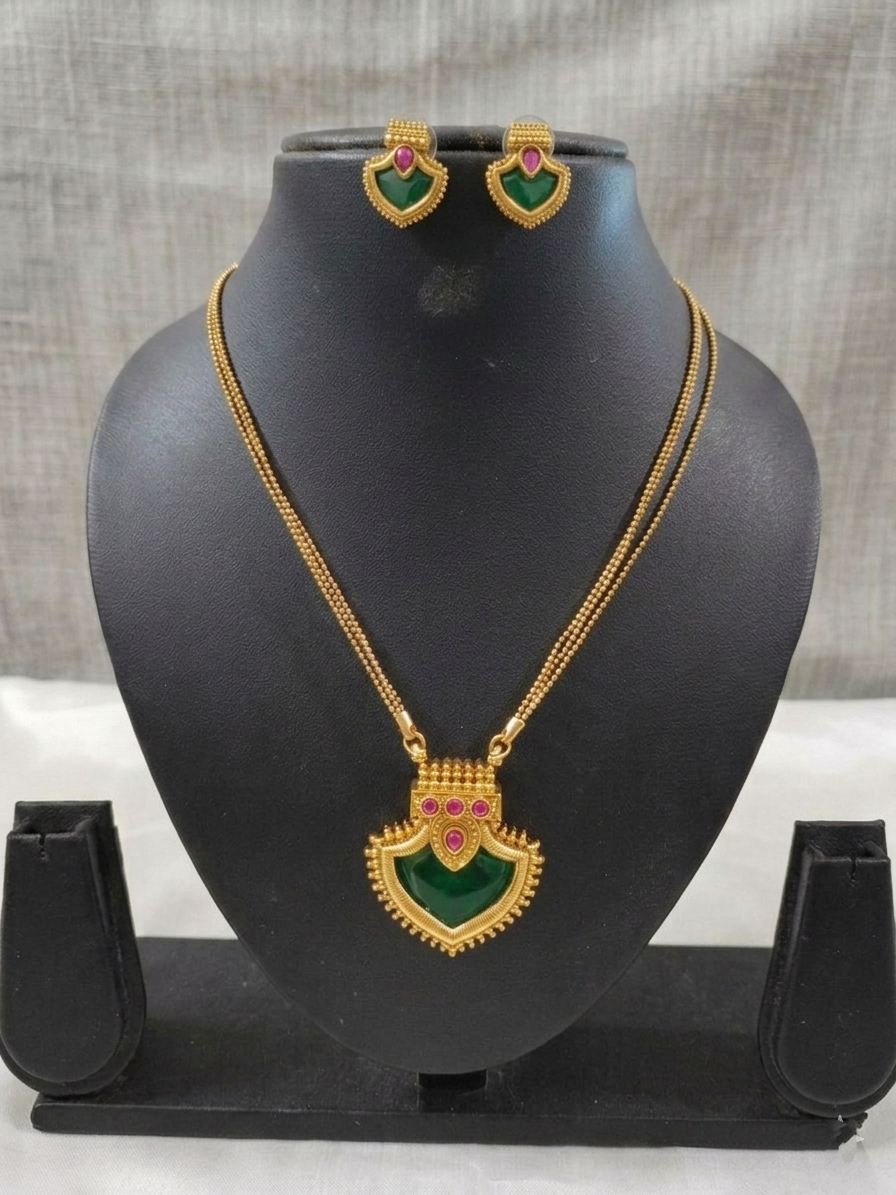Matte Finish Palakka Pendant Mid Long Necklace Set V7