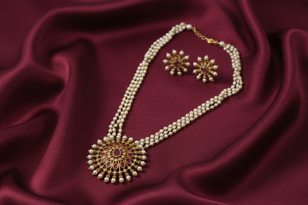 Pearl Multi Layer Mid Long Pendant Necklace Set