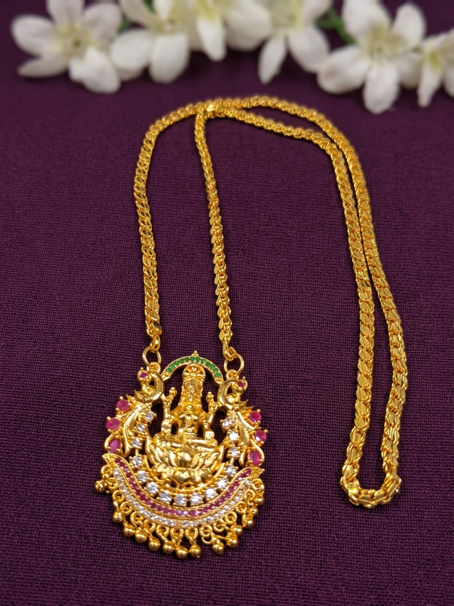 Micro Polish AD Lakshmi Pendant Long necklace set V2