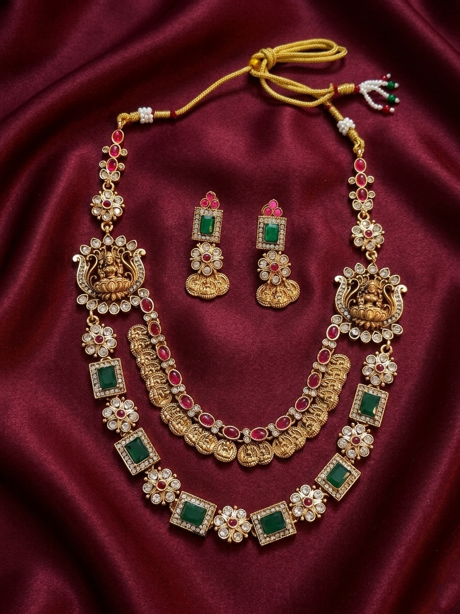 AD Multi Layer Coin Lakshmi Necklace Set