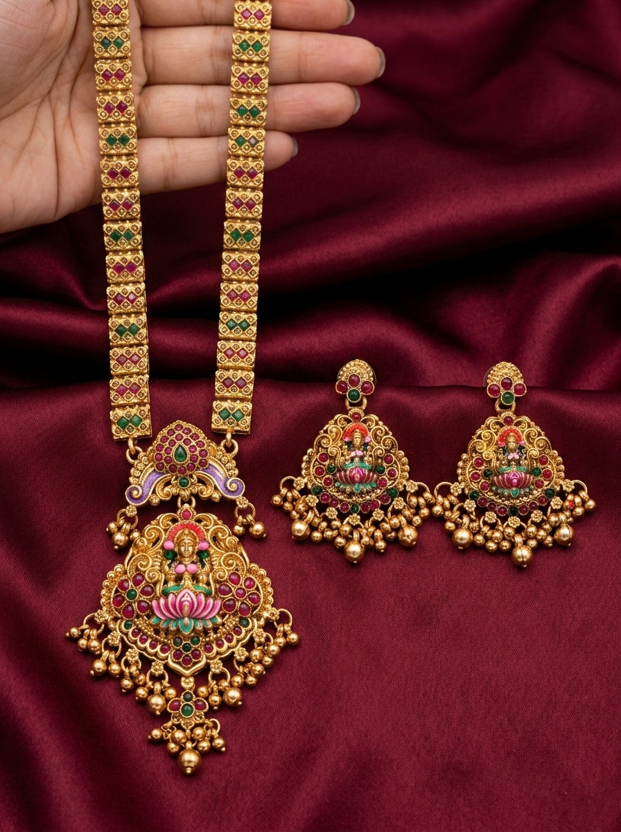 Matte Finish Enamel Lakshmi Nagas Long Necklace Set