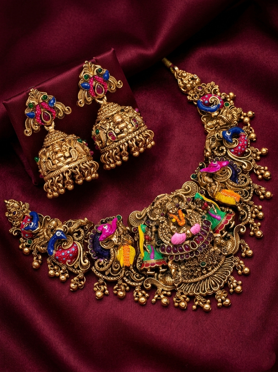 Matte Finish Enamel Lakshmi Nagas Necklace Set V11