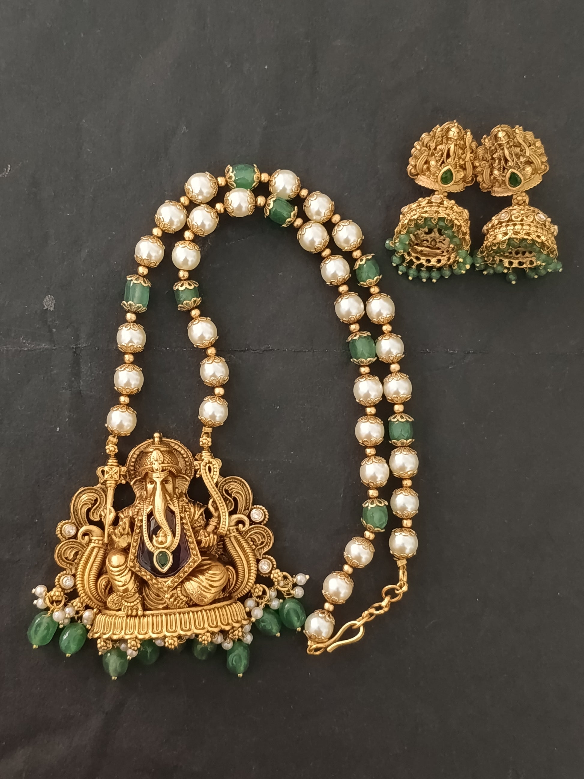 Ganesh Pendant Pearl Mid Long Necklace Set V2