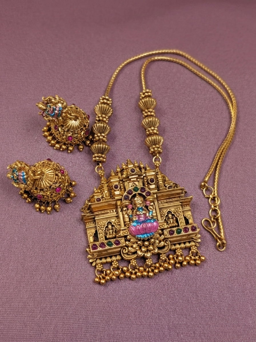Enamel Lakshmi Pendant Mid Long Necklace Set V20