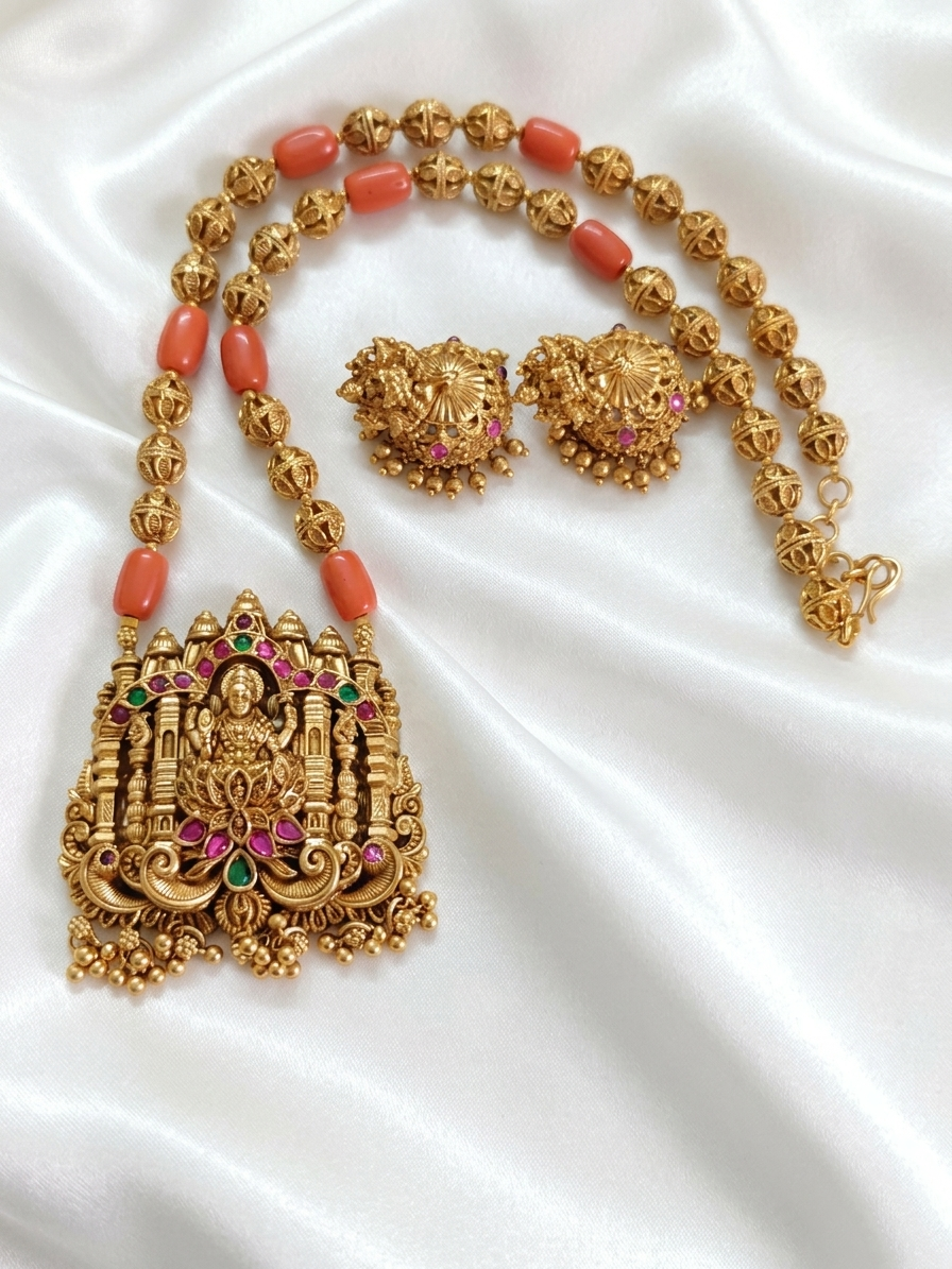 Lakshmi Coral Mid Long Necklace Set V5