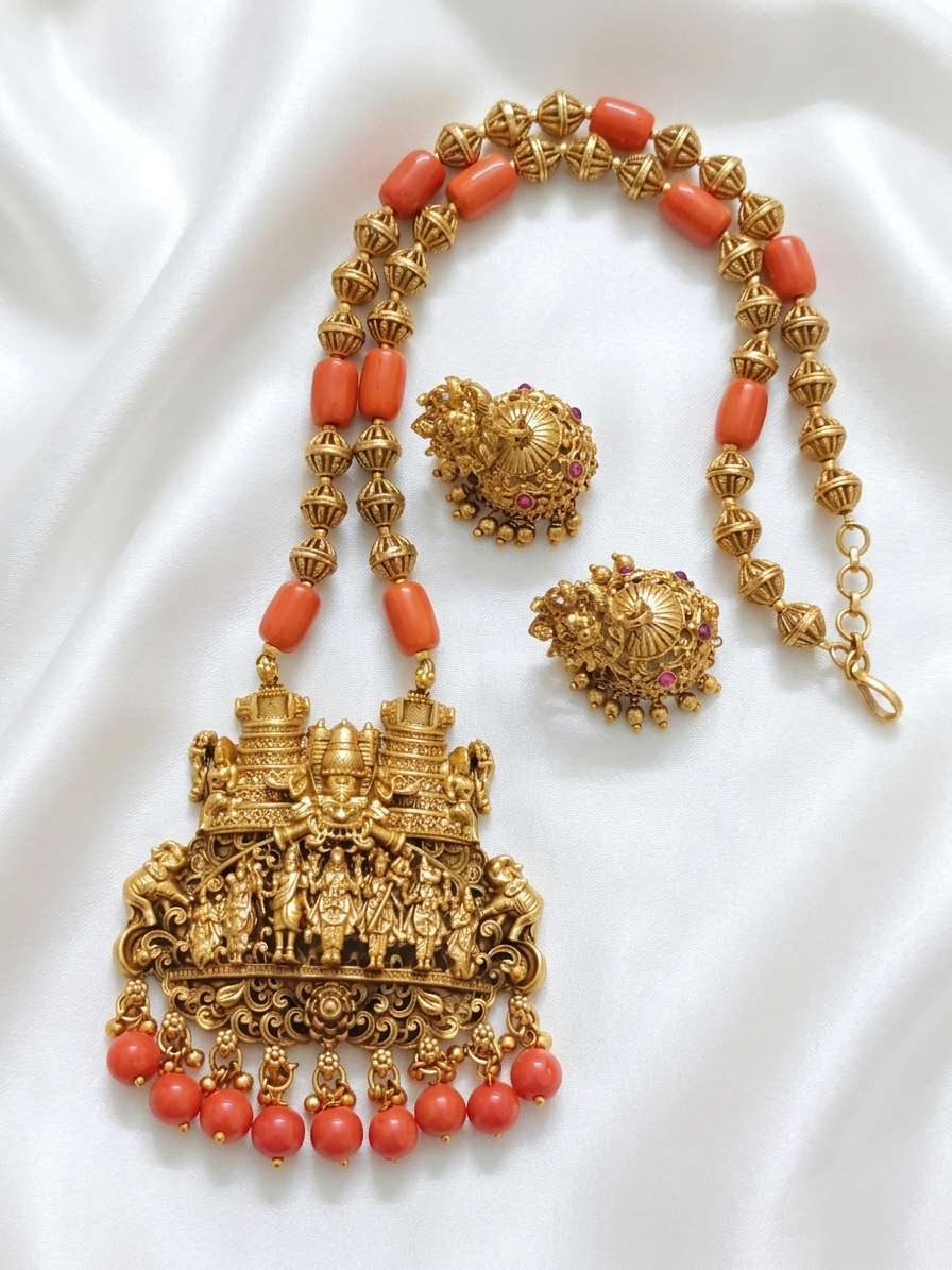 Divine Coral Mid Long Necklace Set