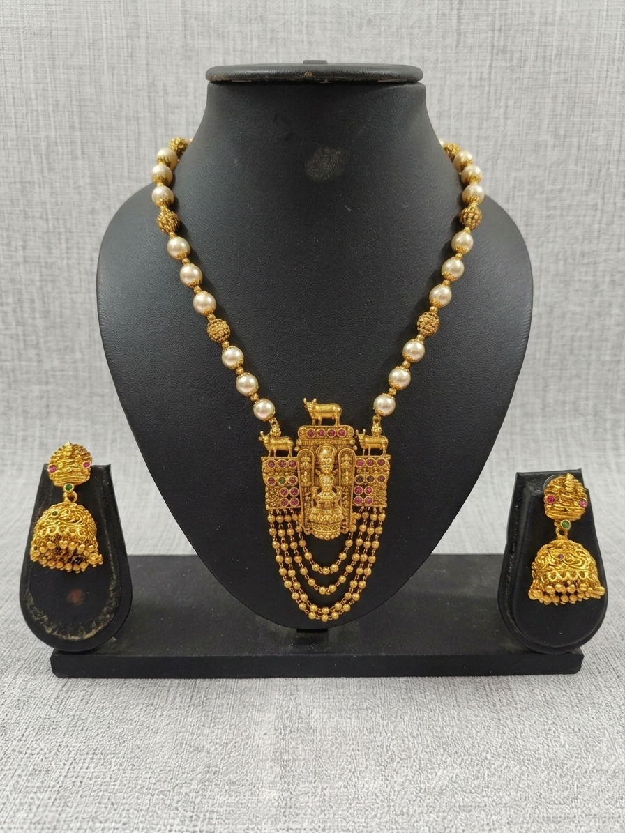 Lakshmi Pendant Pearl Mid Long Necklace Set V8