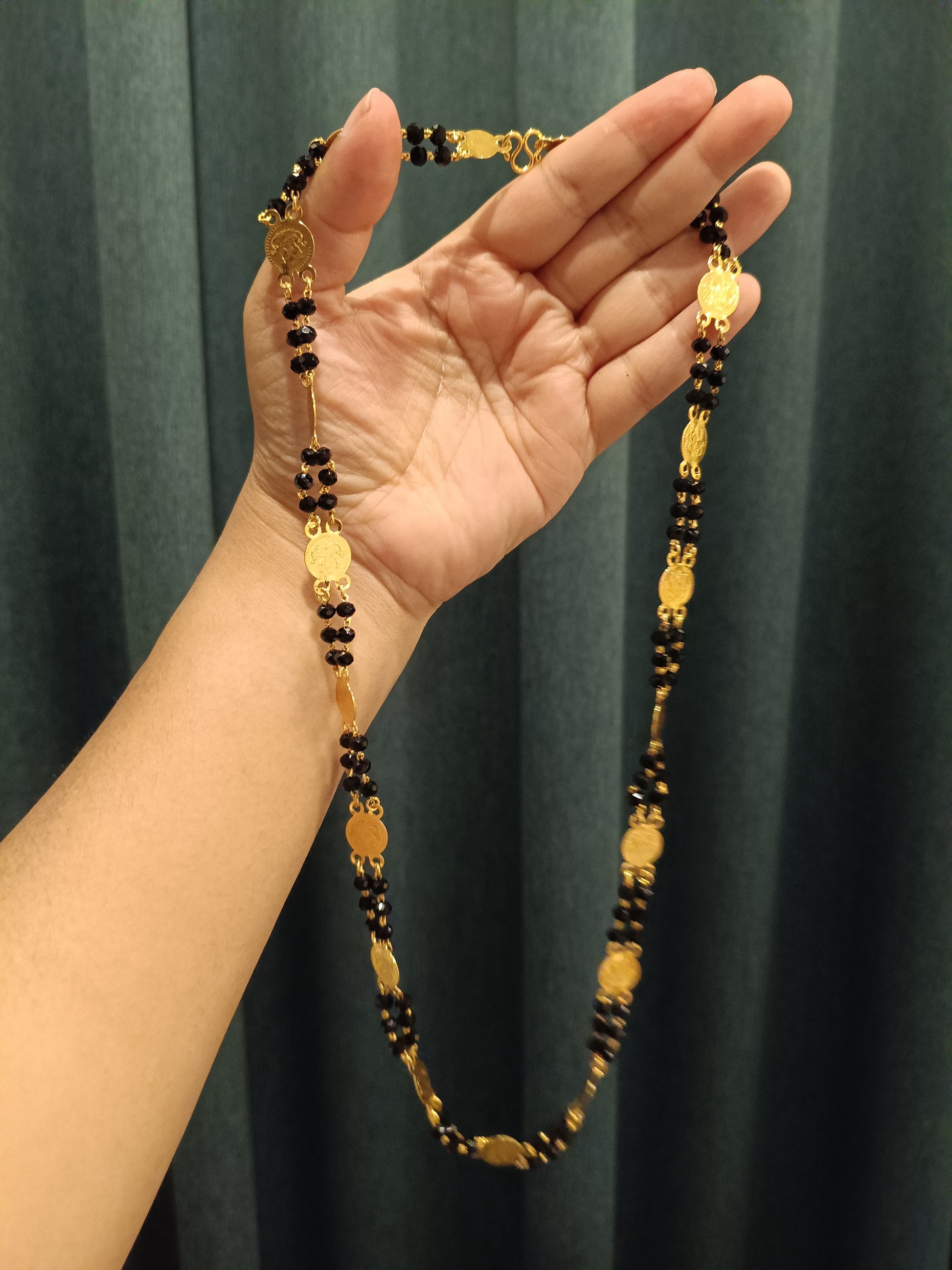 Micro Polish Lakshmi Black Bead Long Necklace