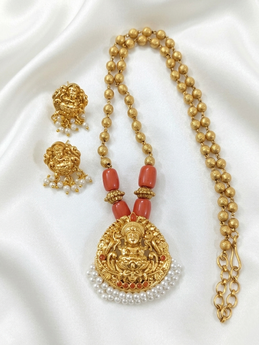 Low Budget Lakshmi Coral Mid Long Necklace Set V2