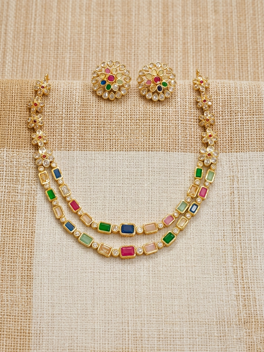 Premium Quality Shaila Navaratna Necklace Set