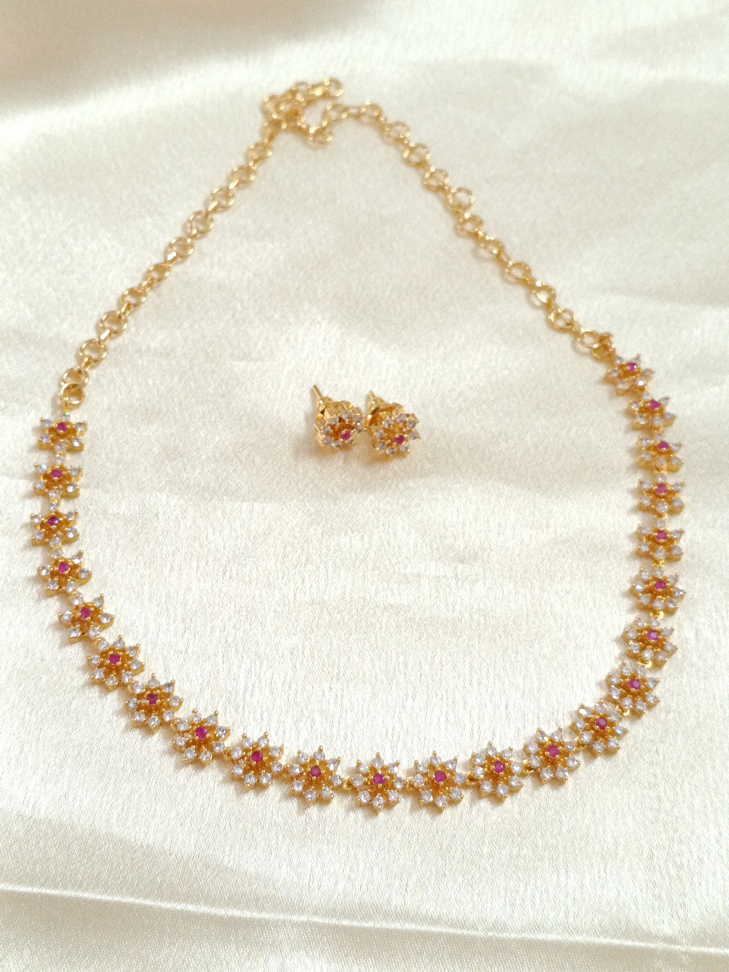 Micro polish AD Stone Flower Necklace Set with back chain