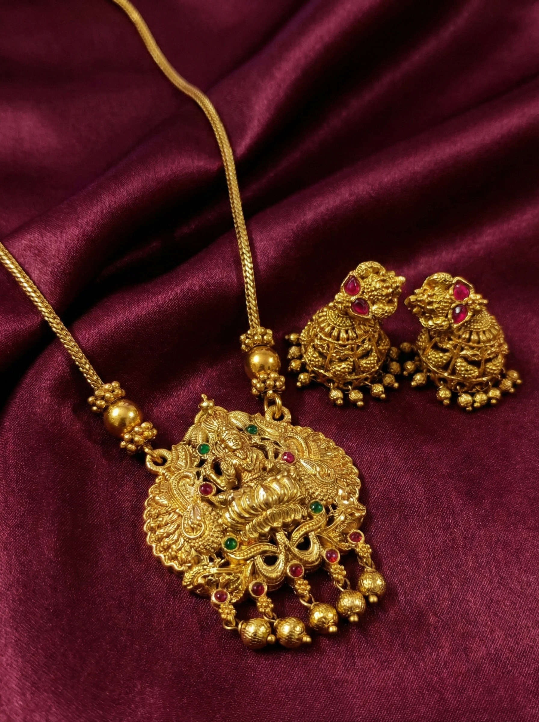 Lakshmi Pendant Mid Long Necklace Set V13