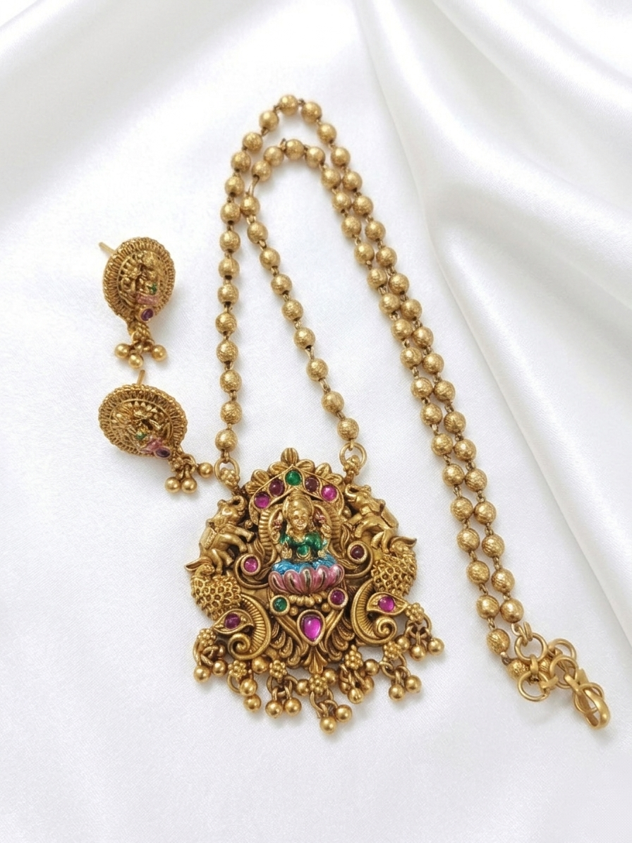 Enamel Lakshmi Pendant Mid Long Necklace Set V15