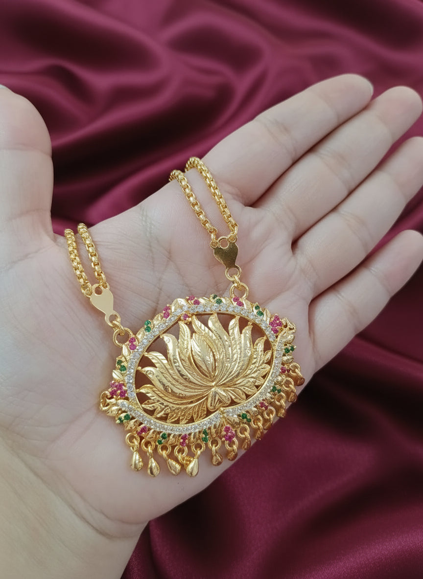 Micro Polish AD Lotus Pendant Long Necklace Set