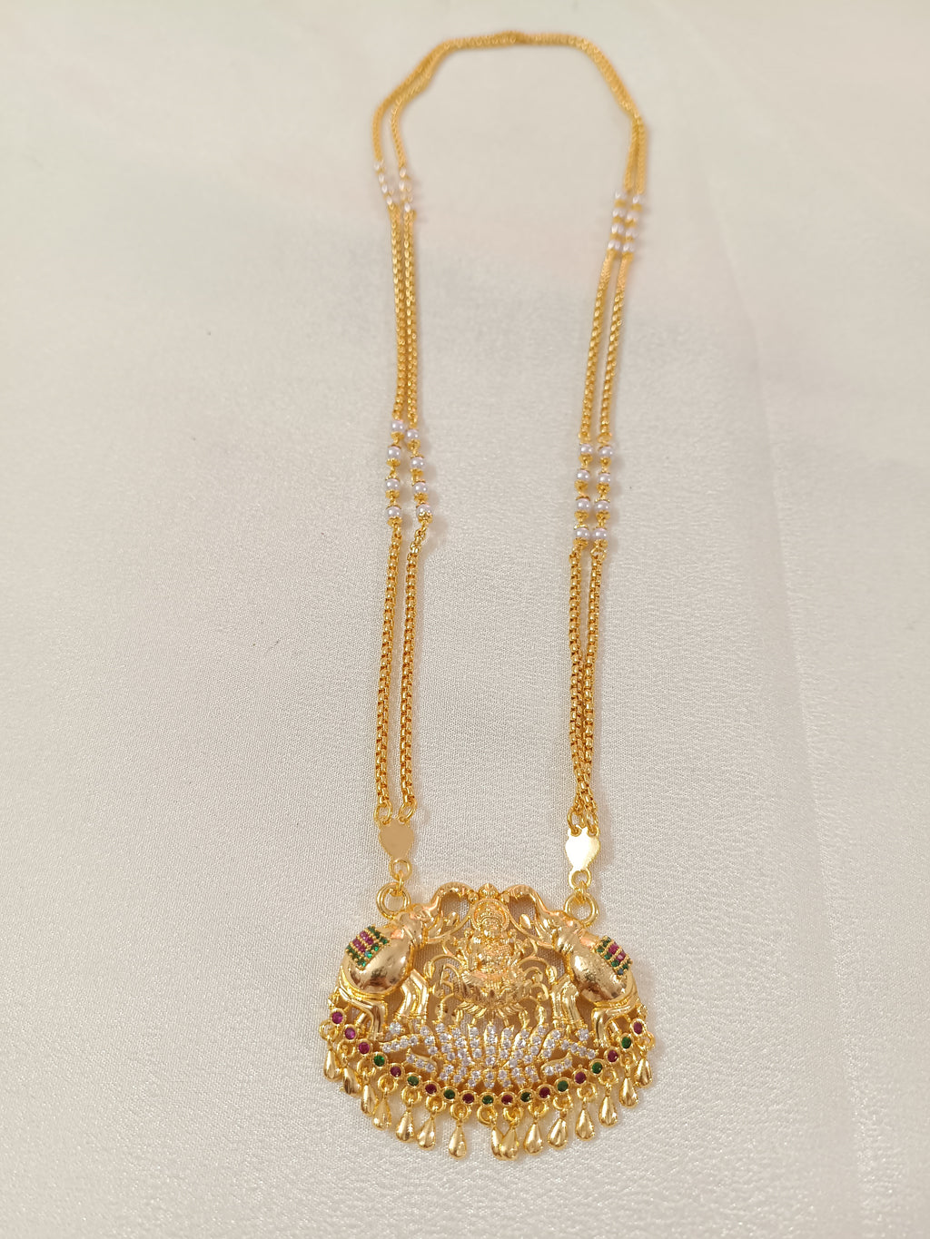 Micro Polish AD Lakshmi Pendant Long necklace set
