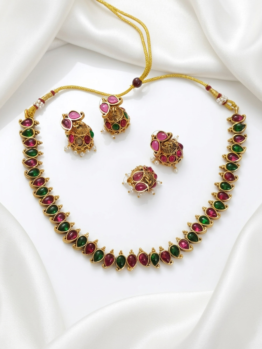 Matte Finish Reversible Kempstone Mango Necklace Set V1