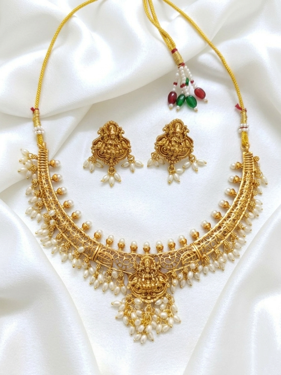 Matte Finish Lakshmi Pearl Drop Hasli Necklace Set V2