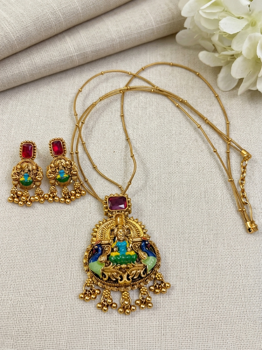 Enamel Lakshmi Pendant AD Stone Mid Long Necklace Set V2