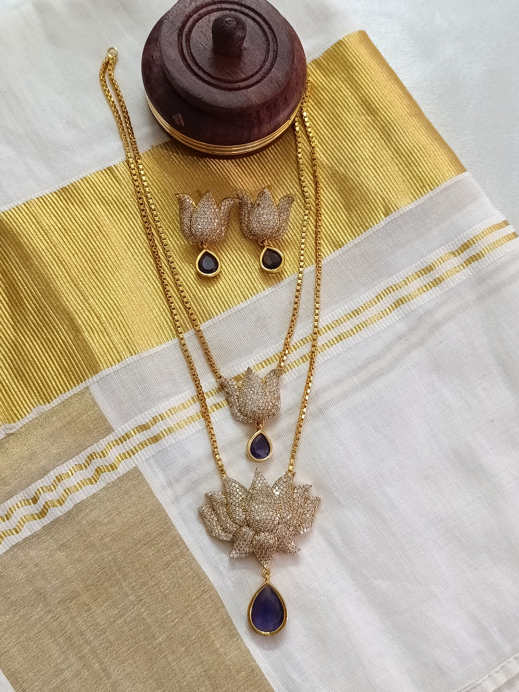 AD Lotus 2 Layer Mid Long Necklace Set